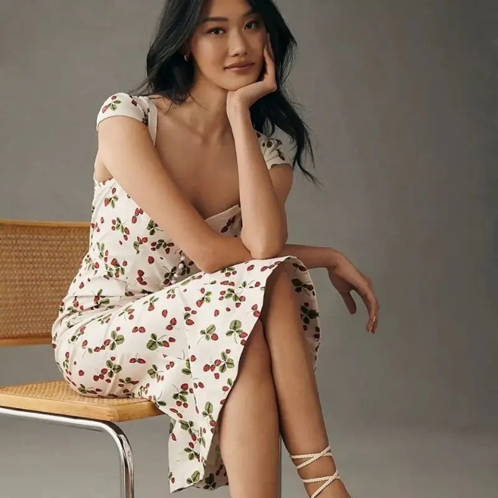 Anthropologie Cherry Print Midi Dress - White and Red